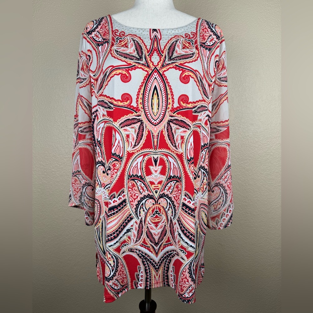 JM Collection Red & Yellow 3/4 Sleeve Blouse. Side Slits. Size- XL